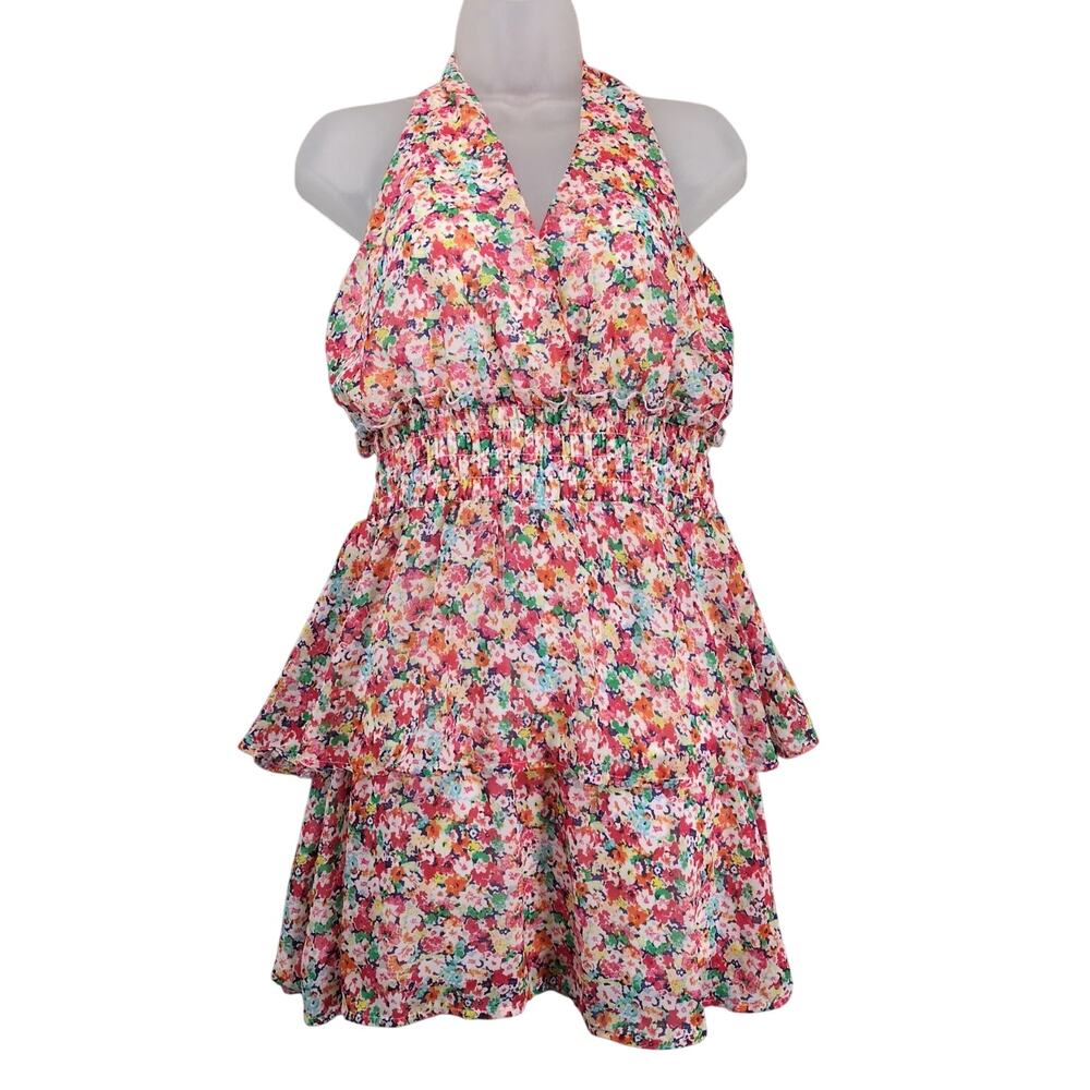 NWT Sienna Sky Tropical Floral Halter Top Dress Sz M Sheer Overlay Lined Layered